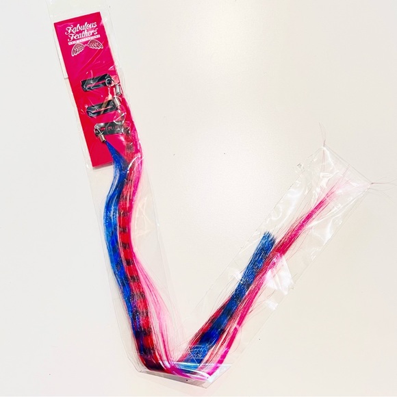 NWT Blue, Red & Pink Coon Tail Feather Clip in Hair Extension - Picture 1 of 4